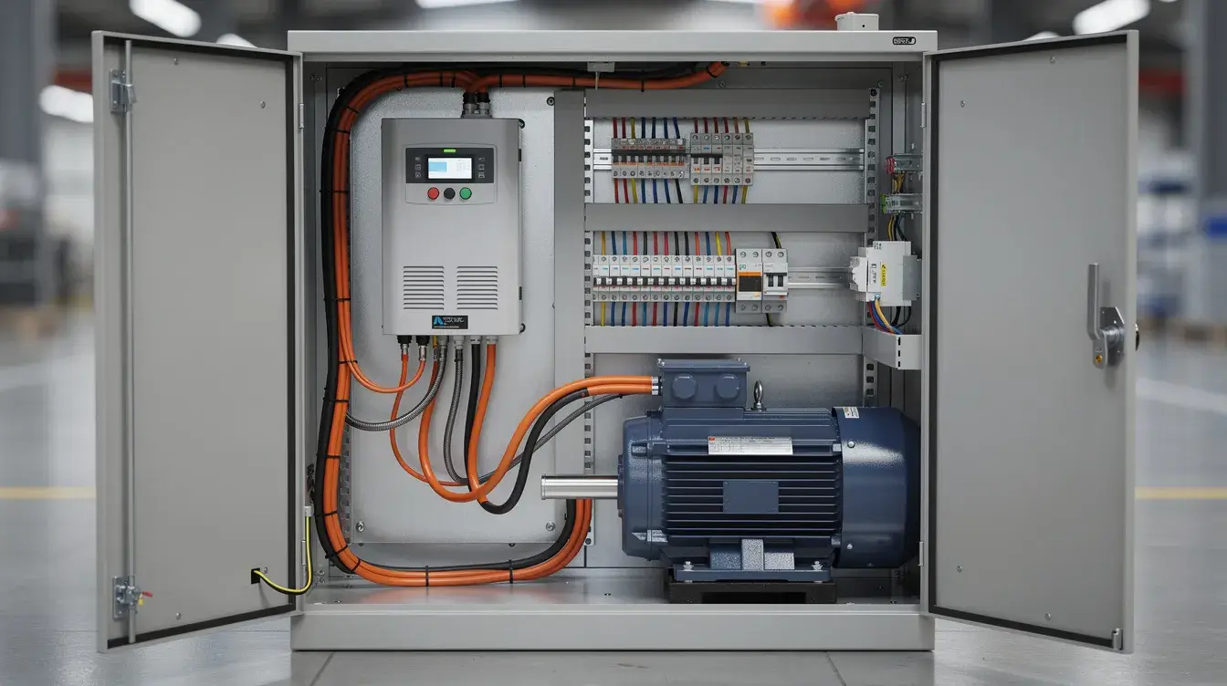 an industrial electric motor connected to a variable-frequency drive inside a robust steel control cabinet, emphasizing the use of three phase power for effective noise suppression and electromagnetic compatibility in industrial machinery. The setup is designed to minimize electromagnetic interference and ensure smooth operation of connected devices